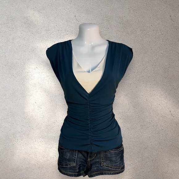 BCX PREPPY BLUE AND WHITE RUCHED TOP - Picture 1 of 3